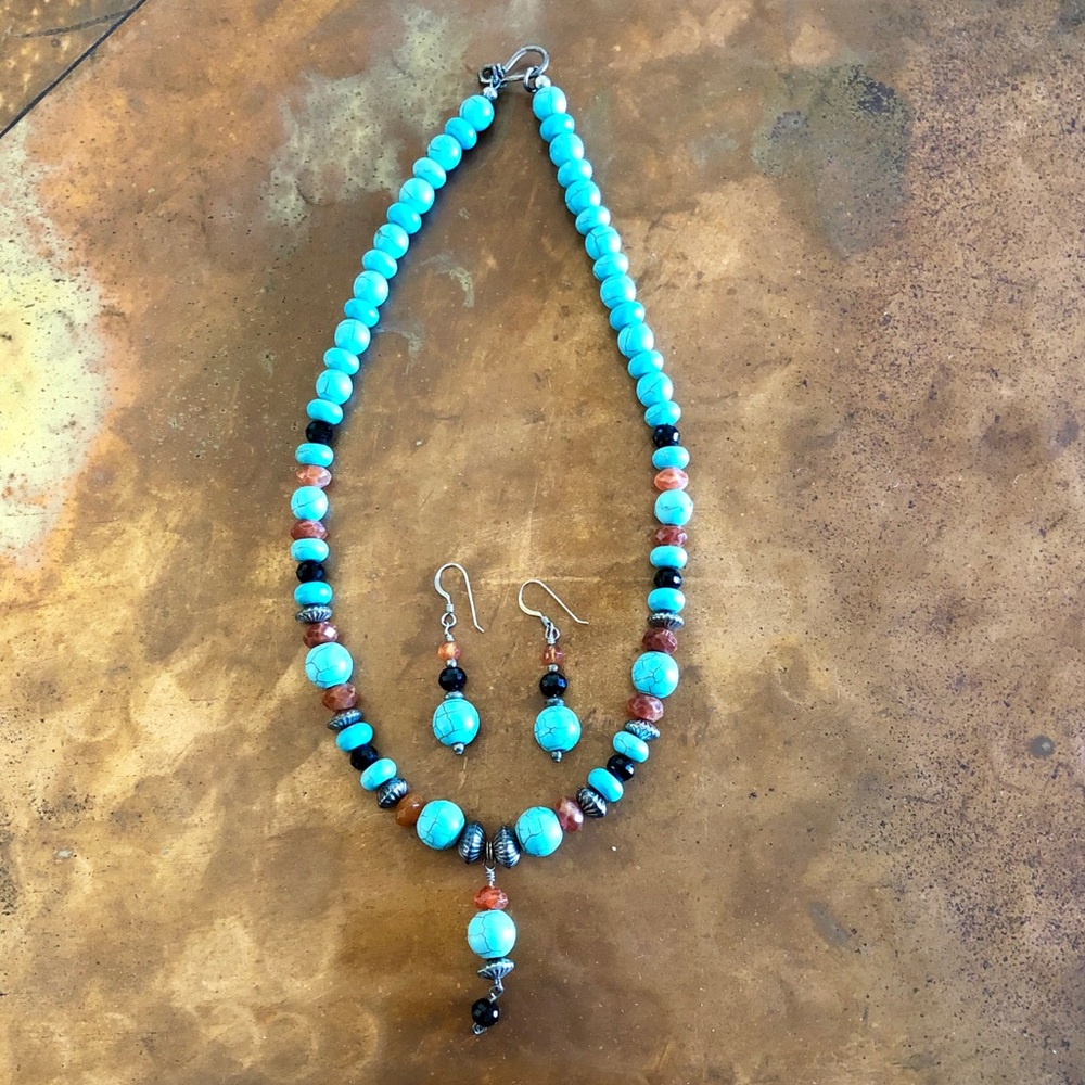 Turquoise/Amber/Onyx/Silver Necklace & Earring Set